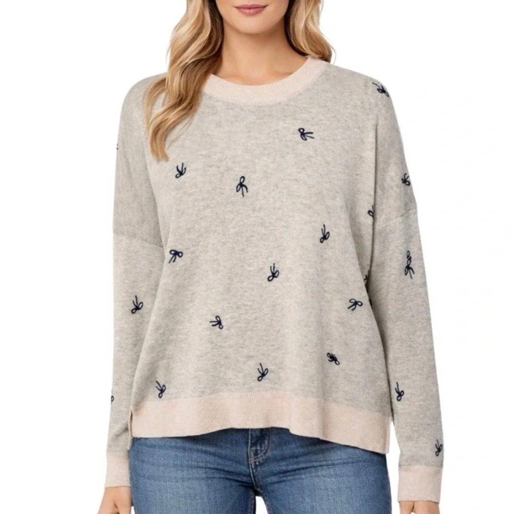 Madewell Bow‎ Jacquard Gray Knit Pullover Sweater Crewneck Long Sleeve Women's S